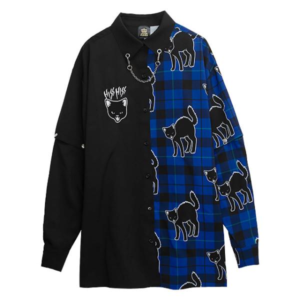 LISTEN FLAVOR　リッスンフレーバー　やんのかステップ黒猫2WAYシャツ【BLACK×BL...