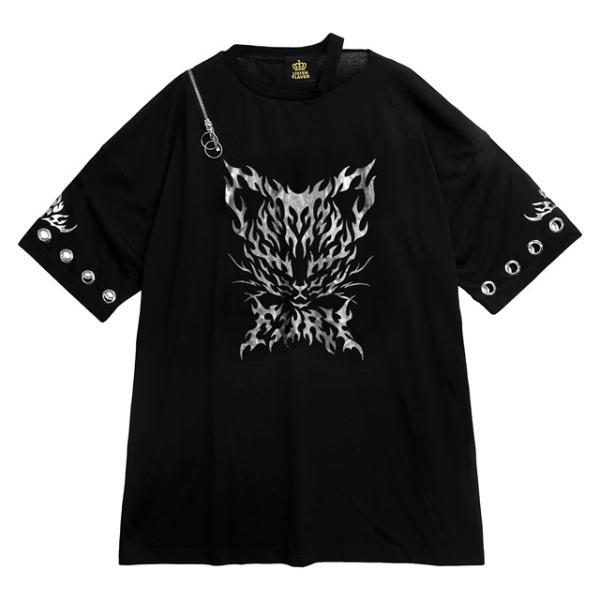 LISTEN FLAVOR　リッスンフレーバー　キラキラネコ スリットBIGトップス【BLACK】