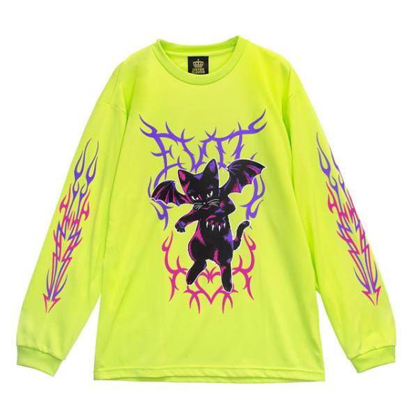 堕天の黒猫ロンT【LIME GREEN】/LISTEN FLAVOR　リッスンフレーバー　