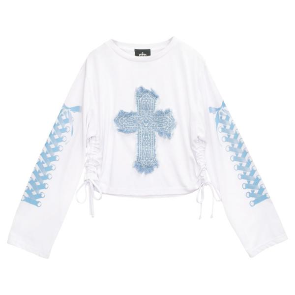 LISTEN FLAVOR　リッスンフレーバー　十字架y2kシャーリングトップス【WHITE】