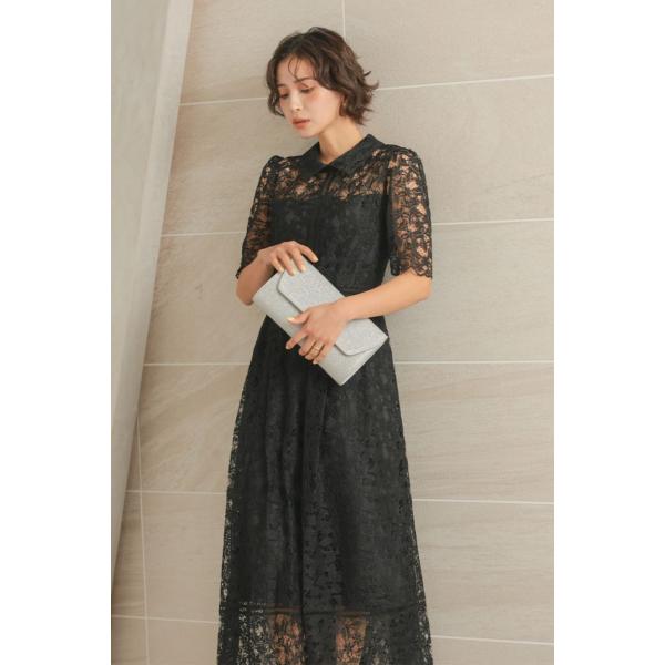 襟付きケミカルライクレースフレアドレス　CF029BK
