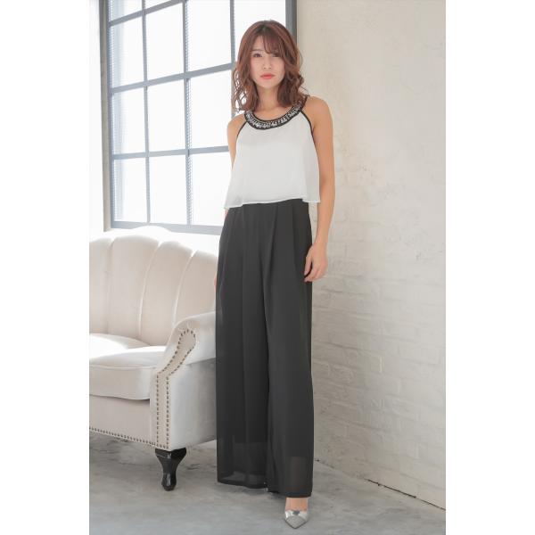 ラウンドネックビジューバイカラーオールインワン　R97097WH