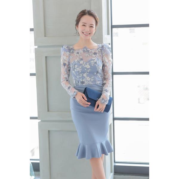 パワーショルダーフラワーマーメイドドレス　C6576BL