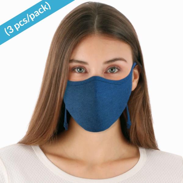 【布マスク】100%オーガニックコットン アレルギーフリー 紐調整　輪郭マスク 3枚入り：ブルー