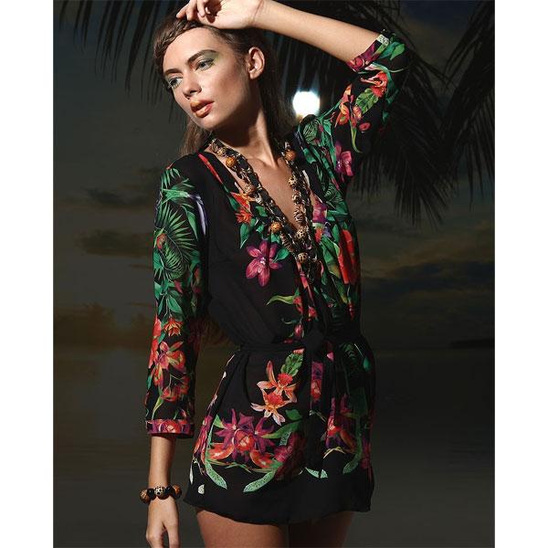 在庫一掃セール  インポート チュニック PRELUDE YFQ10 花柄カバーチュニック 黒系 赤...