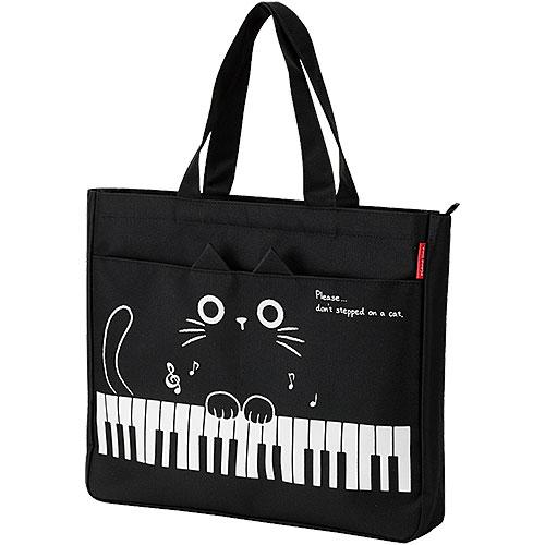 Pianoline ファスナー付き横型トートバッグ（猫柄）【ピアノ鍵盤柄レッスンバッグ】