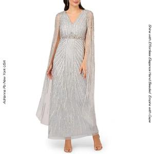 ue03209950 ADRIANNAPAPELL 声楽ドレス ピアノ演奏 ケープスリーブドレス ラグジュアリードレス アイスシルバー メタリックビジュ ビジュエンブロイダリーレース