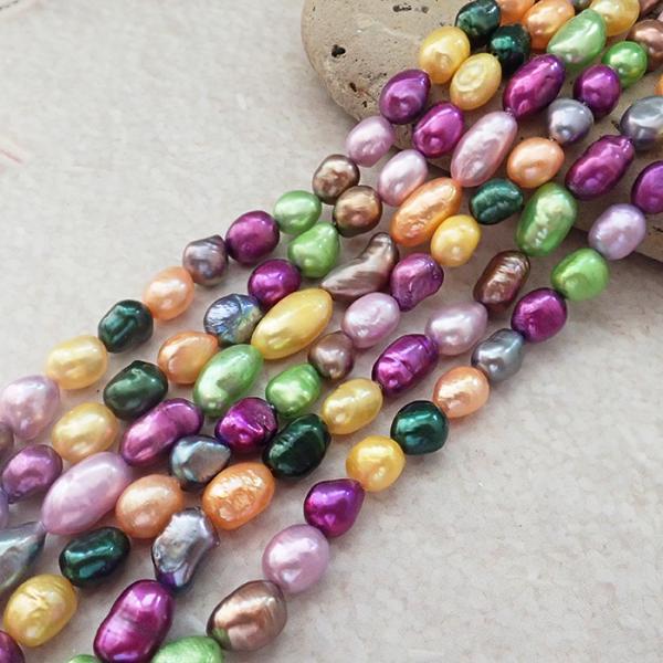 【有核 淡水真珠  約7×6mm】カラフル染色 バロック型 天然パールビーズ 約35cm連 ハンドメ...