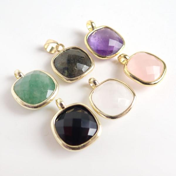 【天然石 スクエア チャーム】ゴールド枠 約17×13mm カット入り ペンダントトップ アクセサリ...