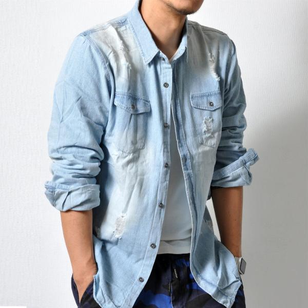 ユーズド加工 デニムシャツ 【メンズデニムコーデアイテム!!】#TS975