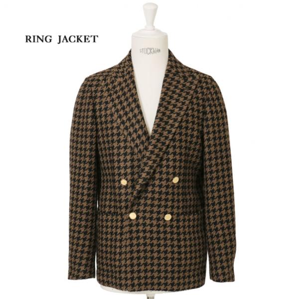 アルパカ・コットン・ナイロン4Bダブルブレステッドジャケット【ブラウン/ハウンドトゥース】Model...
