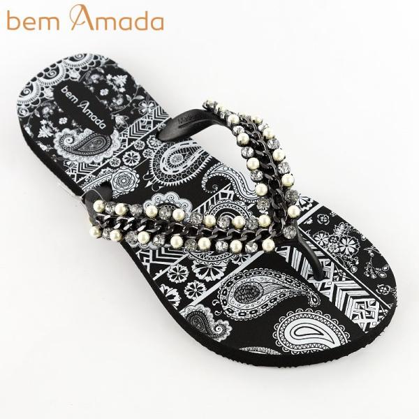 ◆期間限定セール◆ビジュー付きビーチサンダル【bem Amada】ペイズリーZEN｜ブラック