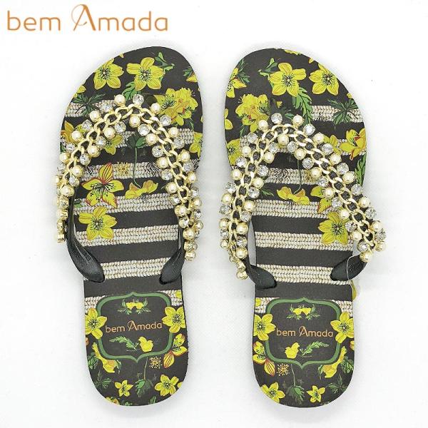◆期間限定セール◆【bem Amada】ビジュー付きビーチサンダル【イエローフラワー】｜ブラック