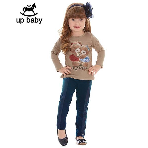 ◆期間限定セール◆【UP BABY】女の子長袖シンプルトップス【ラインストーン・くま】ブラウンベージ...