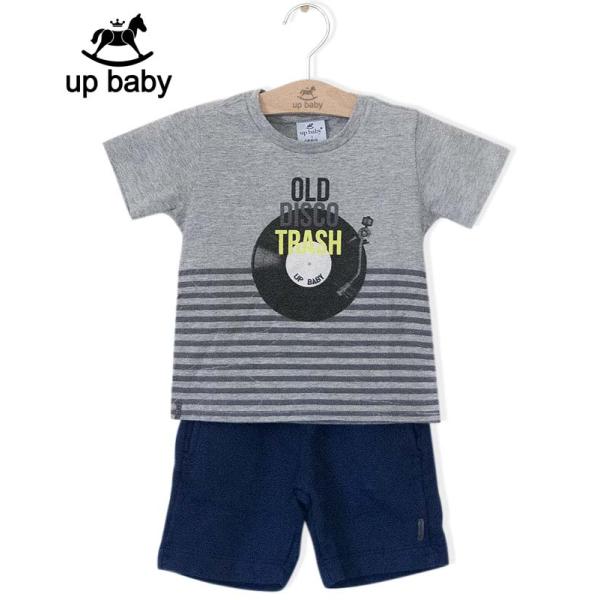 【UP BABY】男の子Tシャツ＆ショートパンツ【ヴィンテージ・おしゃれ】ディスク｜ライトグレー×ネ...