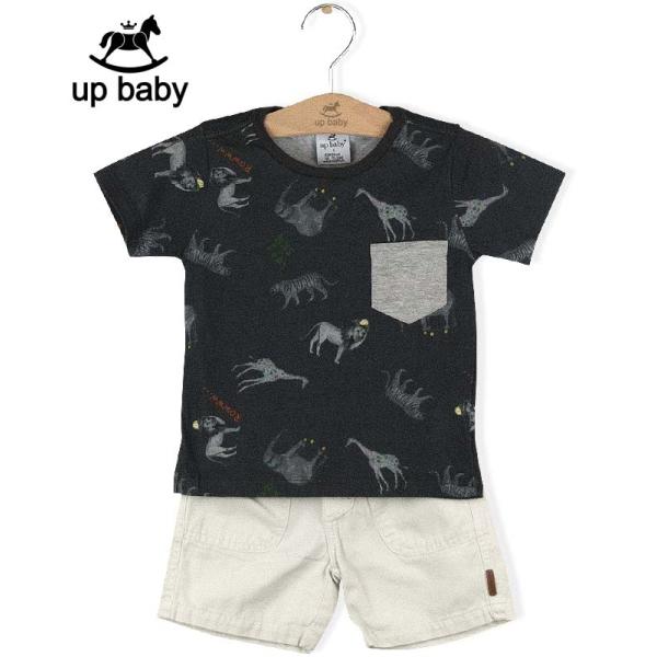 【UP BABY】男の子Tシャツ＆ショートパンツ【動物柄・おしゃれ】サバンナ｜チャコール×ホワイトグ...