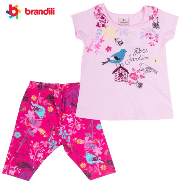 小鳥と花柄のTシャツ＆レギンスセット 女の子【BRANDILI】ピンクマルチ