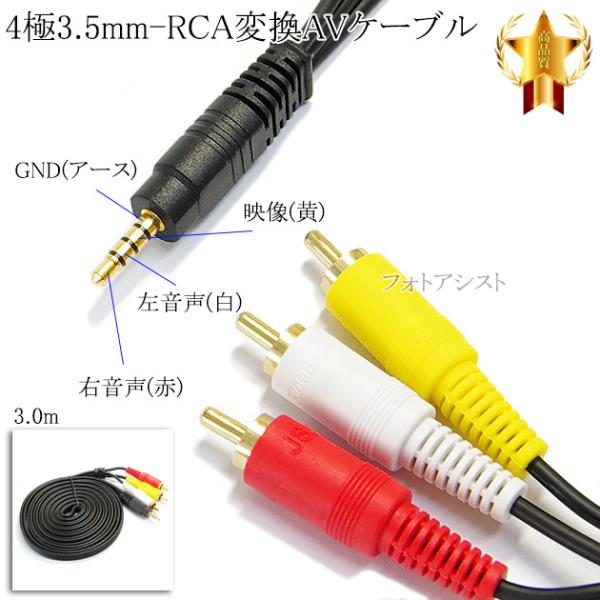 【互換品】【記載機種対応】4極3.5mm-RCA変換AVケーブル 3.0m  R/L/V/G結線(オ...
