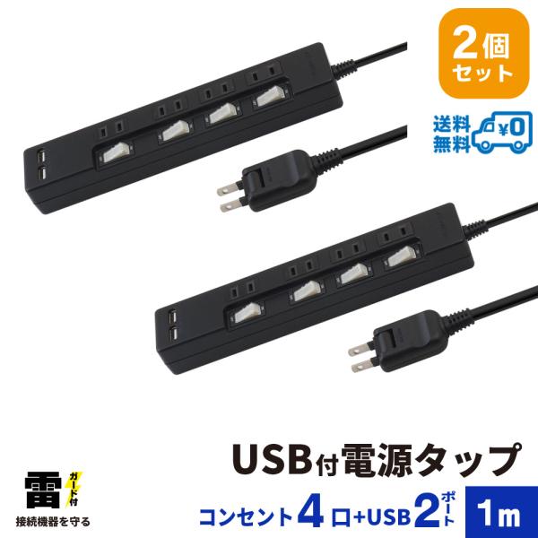 電源タップ USB付 2m 雷ガード 4個口 2個セット STP4UA2B-1X2 STYLED