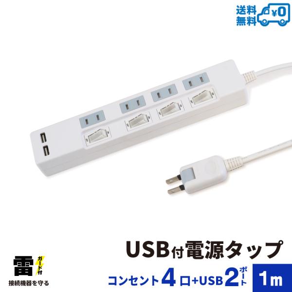 電源タップ USB付 1m 雷ガード 4個口 STP4UA2W-1 STYLED