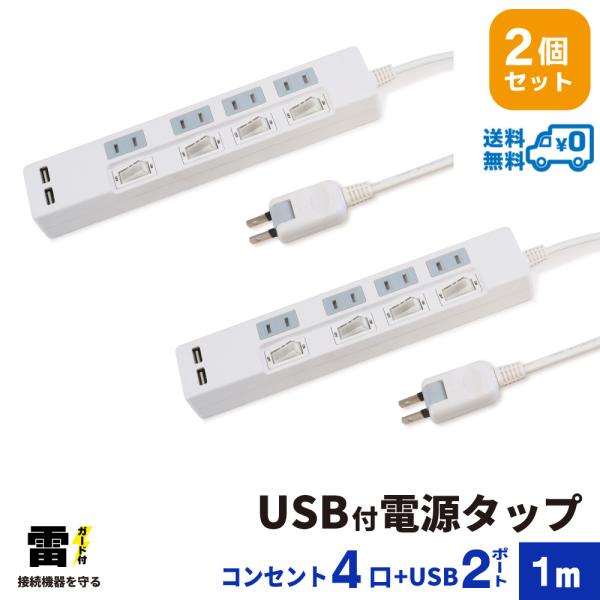 電源タップ USB付 1m 雷ガード 4個口  2個セット STP4UA2W-1X2　STYLED