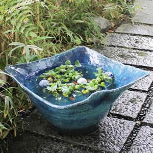 ブルーガラス四角水鉢　信楽焼　金魚鉢、メダカ鉢にお勧め［su-0076］