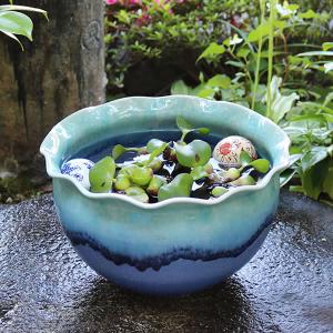 青ガラス波型口水鉢 信楽焼 金魚鉢、メダカ鉢に...の詳細画像1