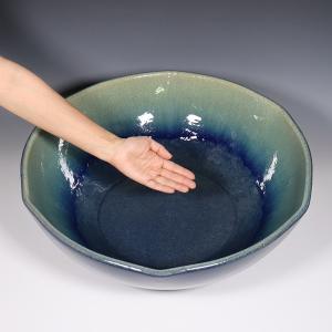 19号青ガラス六角水鉢 信楽焼 金魚鉢、メダカ...の詳細画像3