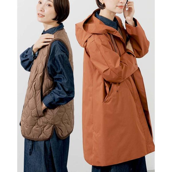 撥水防風ショールフーディーコート&amp;ハイブリッドダウンベスト《2点セット》