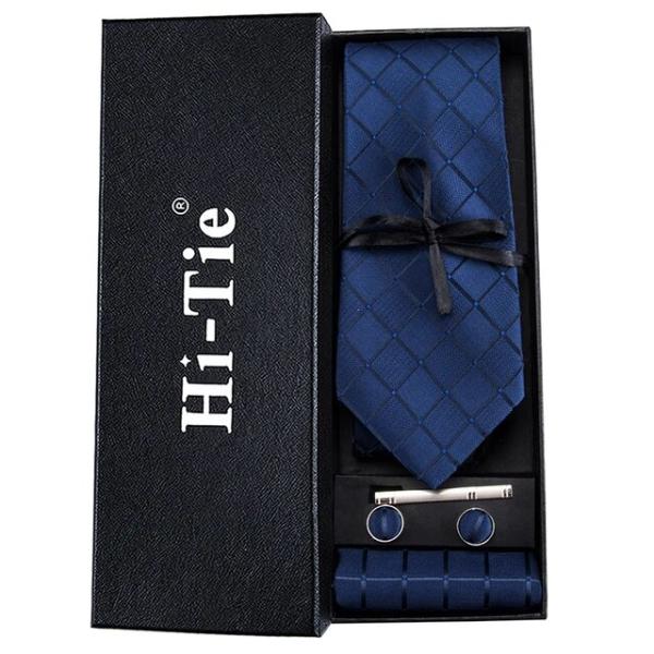 Hi-tie-ネイビーブルーのチェック柄,シルクのネクタイ,ソリッド,ネクタイセット,カフスボタン,...