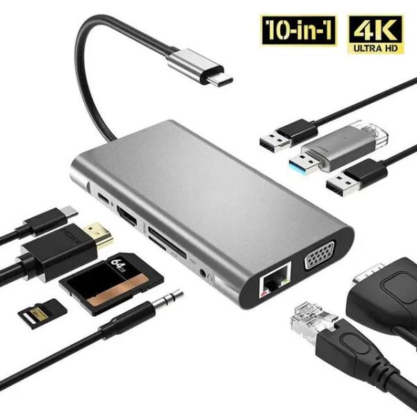 10in 1 USB Cハブ,USBCタイプCスプリッター,ギガビットイーサネットケーブル,4k h...