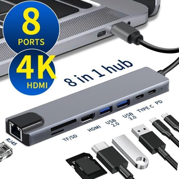 8-in-1 USBType-Cハブアダプター,3.1-4k,HDMI,アダプター,rj45 sd/...