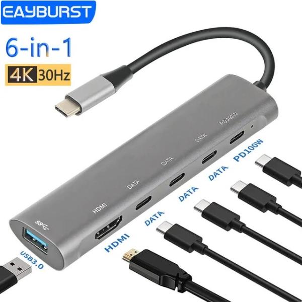 Eayburst-USBハブ,4k hdmi type c to usb 3.0 pd 100w,マ...