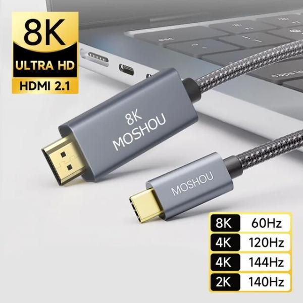 MOSHOU-USB cからhdmi 2.1ケーブル、編組コード、Hdcp2.3、hdr、macbo...