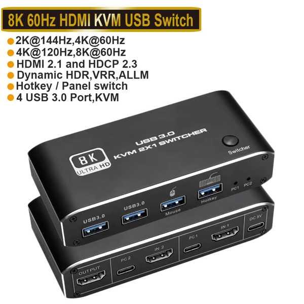 HDMI 2.1 KVMスイッチHDMI USB 3.0 KVMスイッチ8K 1080 @ 240H...