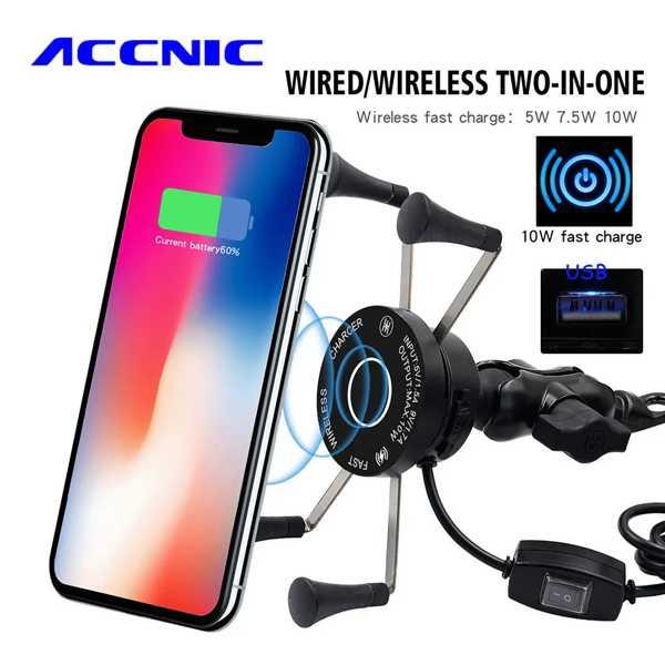 Accnic-オートバイバイク用ワイヤレス充電器2 in 1 携帯電話ホルダー usb充電器付きqc...