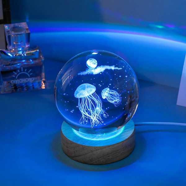 ライト付きクリスタルボール 3Dナイトランプ 木彫り球 木製ベース クリスマスプレゼント