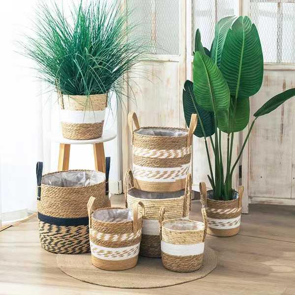 豪華な籐のプランターバスケット 天然植木鉢 家の装飾 竹の海藻 収納バスケット おもちゃホルダー