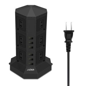 JIACHAN 電源コードタワー式電源タップ 6個USB 12個コンセント 約3ｍ 急速充電 掛ける可能 3段 ブラッグ (3層, 黒)