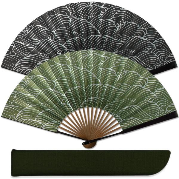 男性用京扇子 変わり色骨 波 緑 黒 扇子袋付き(Af24)