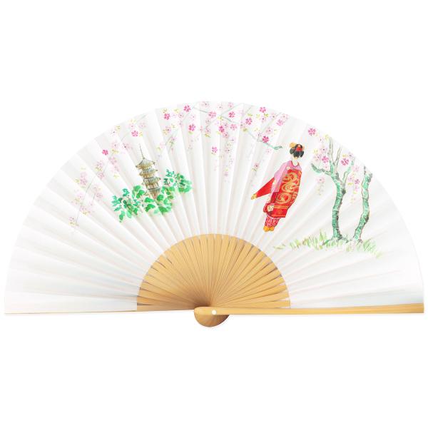 6.5寸紙扇子 白竹 京扇子 塔に舞妓(Da20)