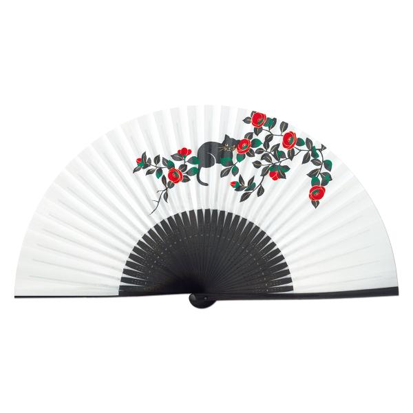 女性用 京扇子 猫に椿 黒染写型扇子(Dd05)