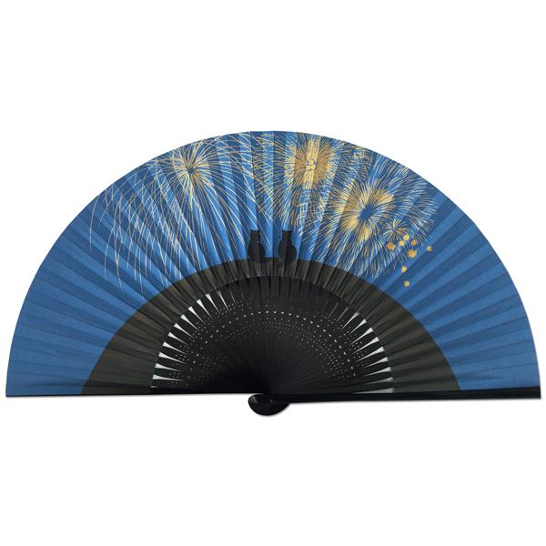 女性用 京扇子 猫に花火 黒染写型扇子 (Dd06)