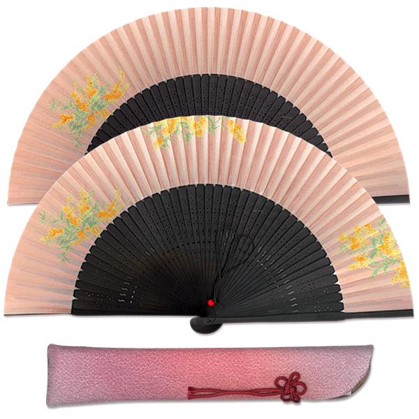 【化粧箱】女性用セット紙扇子 ミモザ 扇子袋付き(G04)