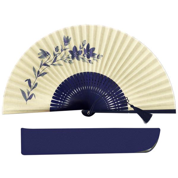 【化粧箱】女性用セット紙扇子 紺染骨 片張り 桔梗 G06