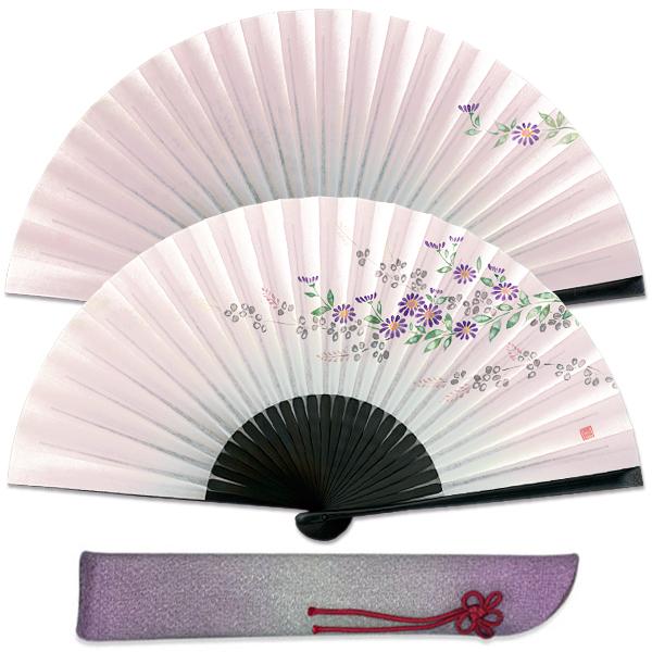 【化粧箱】女性用セット京扇子 雲龍和紙 手描き 小菊 扇子袋 付き(G09)