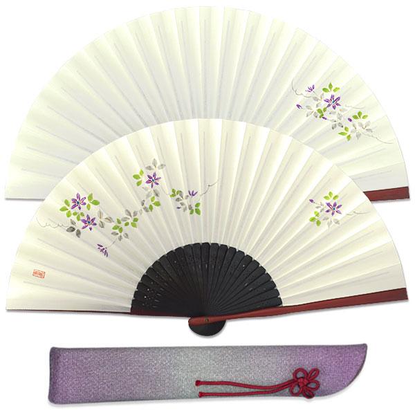 【化粧箱】女性用扇子セット 鉄線 扇子袋付き/手描き京扇子(Ga01)