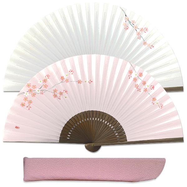 【化粧箱】女性用扇子セット 細工骨 桜花 扇子袋付き/手描き京扇子(Ga02)