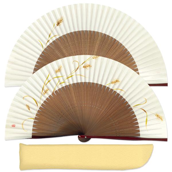 【桐箱】女性用セット扇子 麦 扇子袋付き/手描き京扇子(Ga05)