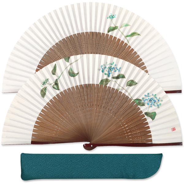 【桐箱】女性用セット扇子 紫陽花 扇子袋付き/手描き京扇子(Ga06)